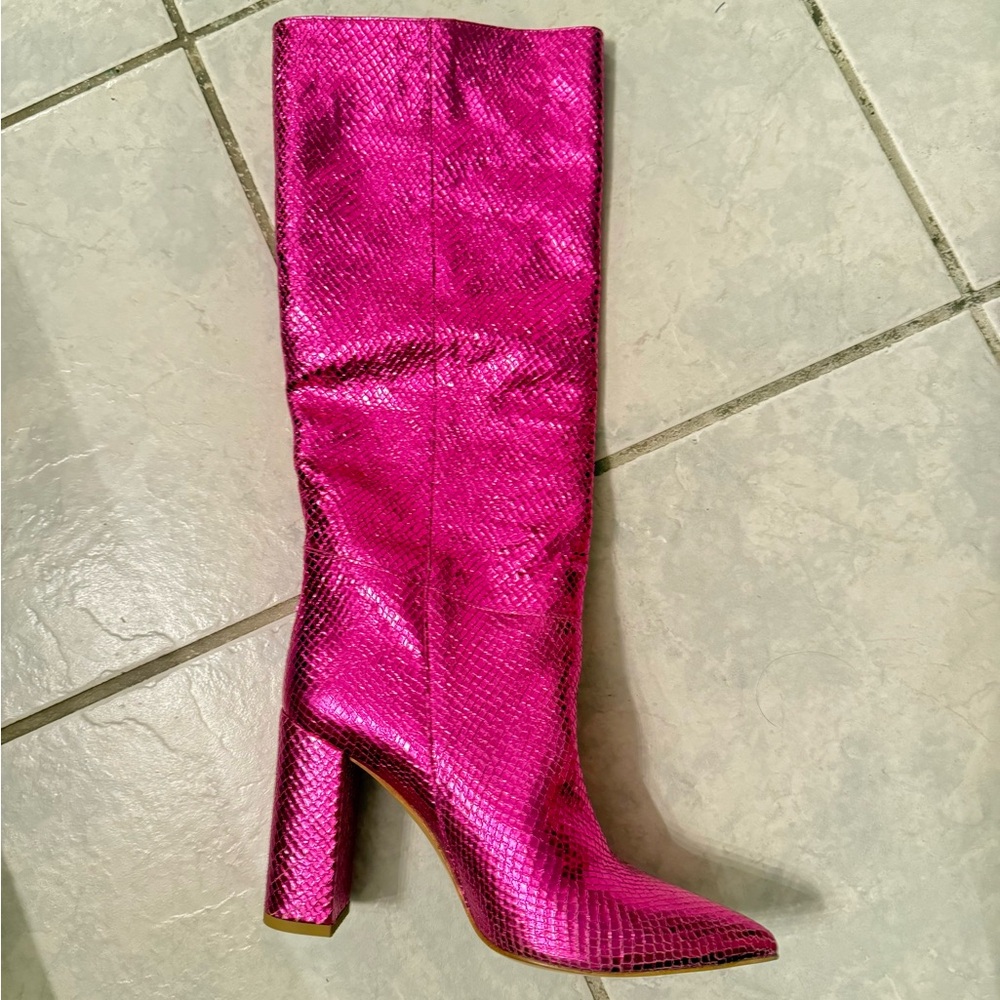 Italian leather hot pink high heel boots